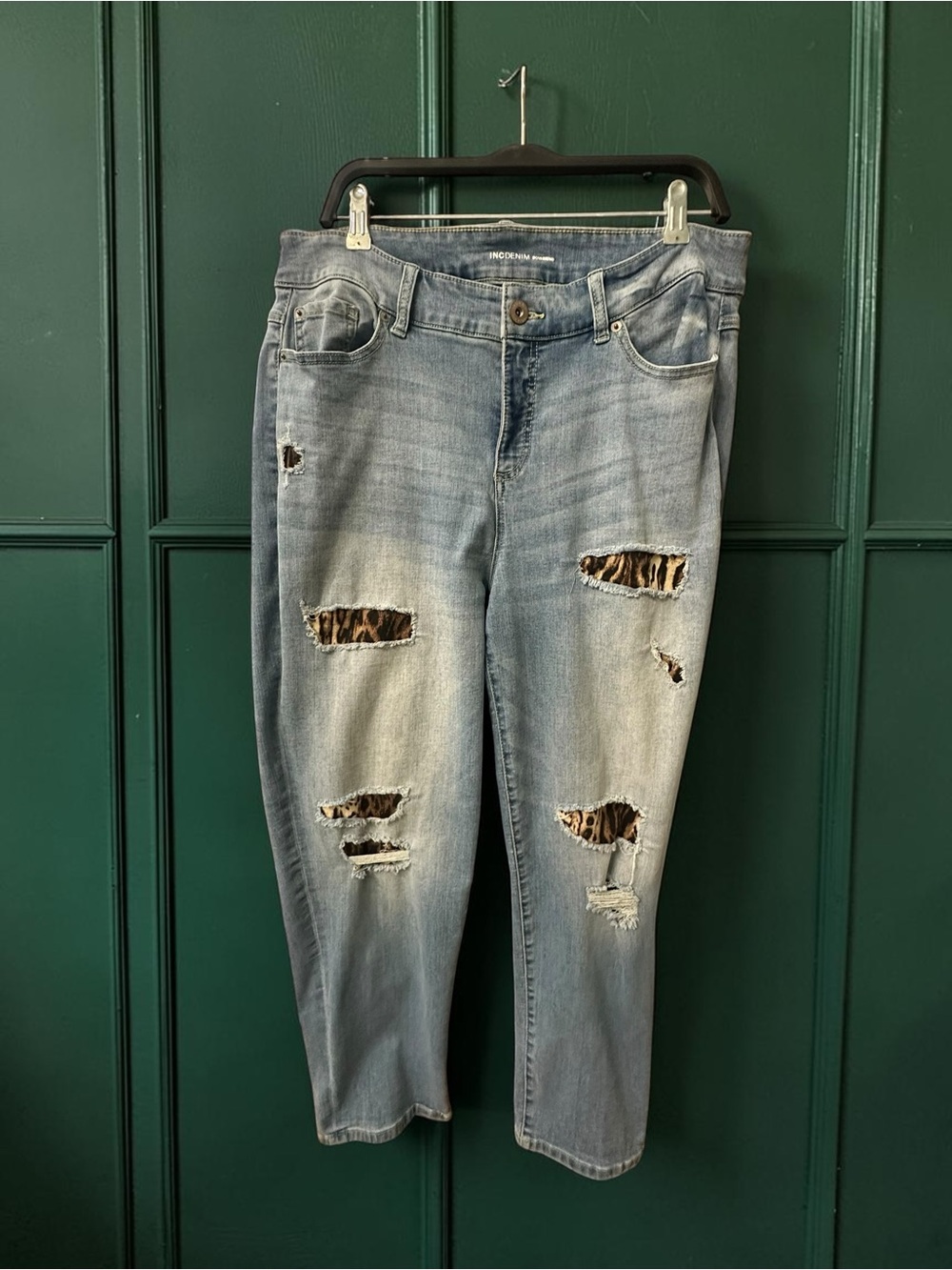 INC Denim Leopard Patch Stretchy Boyfriend Fit Jeans. Size : 16W